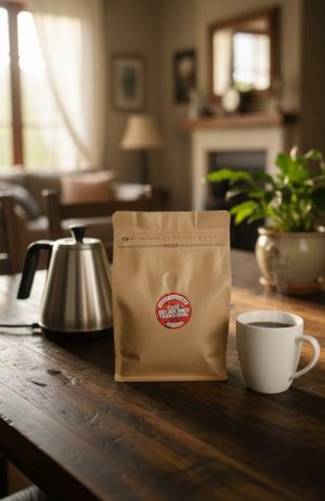 Una bolsa de café instantáneo marca Arrieros, junto a una taza de café calientito