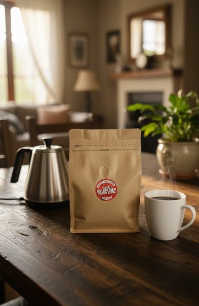 Una bolsa de café instantáneo marca Arrieros, junto a una taza de café calientito