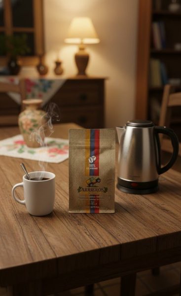 Un paquete de café soluble descafeinado sobre la mesa. A su lado un calentador de agua y una taza de café calientito.